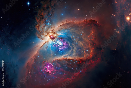 A distant galaxy's universe contains nebulae and stars. Generative AI © AkuAku