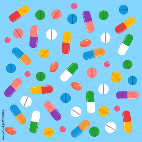 Colorful medicine pills and capsules in flat design.