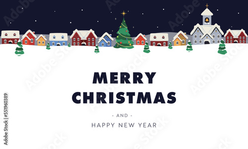 雪が降り積もる中で光り輝くクリスマスツリーと冬の街並みのクリスマス背景テンプレート（青）　Christmas background template of a glowing Christmas tree and a winter cityscape amidst falling snow (blue)
