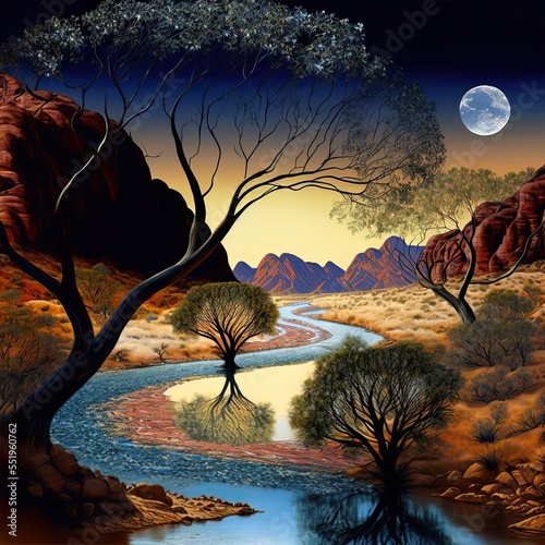 Rainbow serpent Australian Aboriginal dreamtime creation of Australia, its mountains rivers, trees and people, Aboriginal religion and culture, concept illustration photo