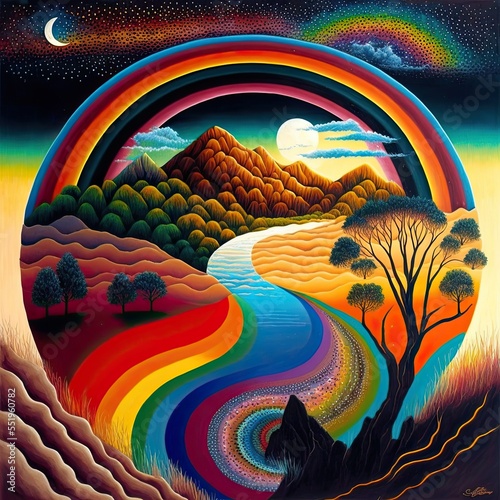 Rainbow serpent Australian Aboriginal dreamtime creation of Australia, its mountains rivers, trees and people, Aboriginal religion and culture, concept illustration