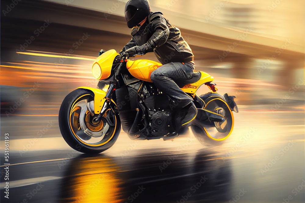 Fototapeta premium Biker on yellow sports bike rides at the city street. Blurred motion, fast speed. Photorealistic illustration generated by Ai