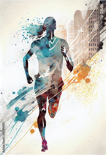 Runner in the city, beautiful abstract painting, smudge, drips, spattered. Colorful creative illustration generated by Ai