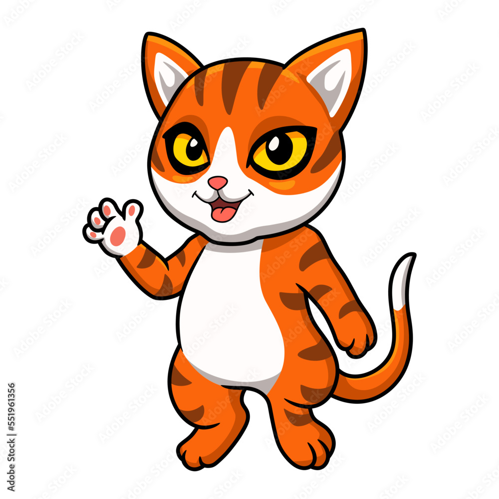 Cute orange tabby cat cartoon waving hand