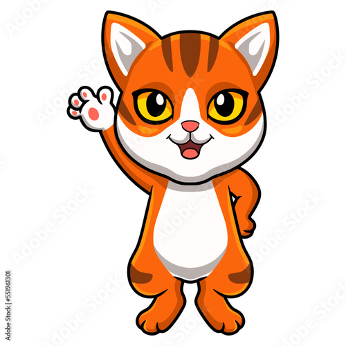 Cute orange tabby cat cartoon waving hand