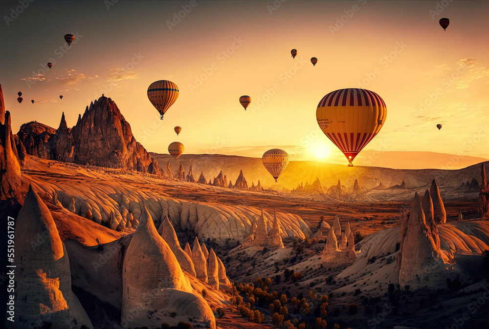 In Cappadocia, Turkey, at sunset, hot air balloons soar over the hills and meadows. Generative AI