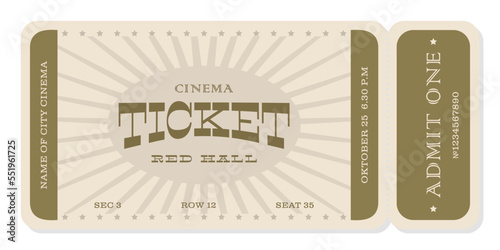 Ticket template in vintage style in beige and golden colors. For cinemas, concerts, parties, clubs, transportation and other projects. Vector, can be used for printing. Just add your text.
