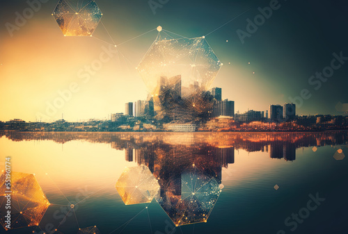 Wallpaper of an abstract polygonal mesh waterfront city with a double exposure of a smart city and a web network. Generative AI