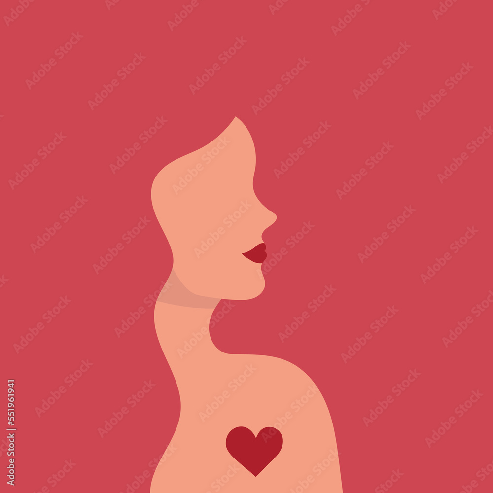 Profile of a girl with red lips and a red heart in her chest