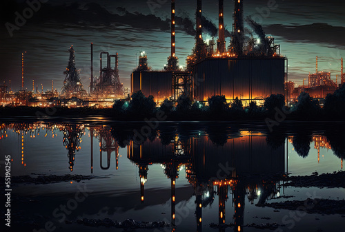 Nighttime oil refinery with reflection. Generative AI