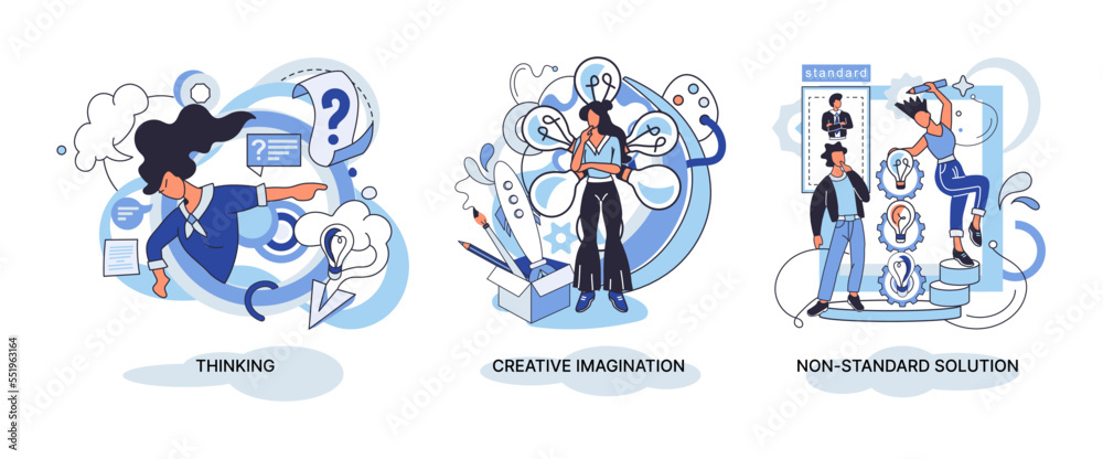 Fototapeta premium Creative thinking. People with different mental mindset types or model creative. Imaginative logical and structural thinking. MBTI person metaphor. Non standart solution. Brain think people solve idea