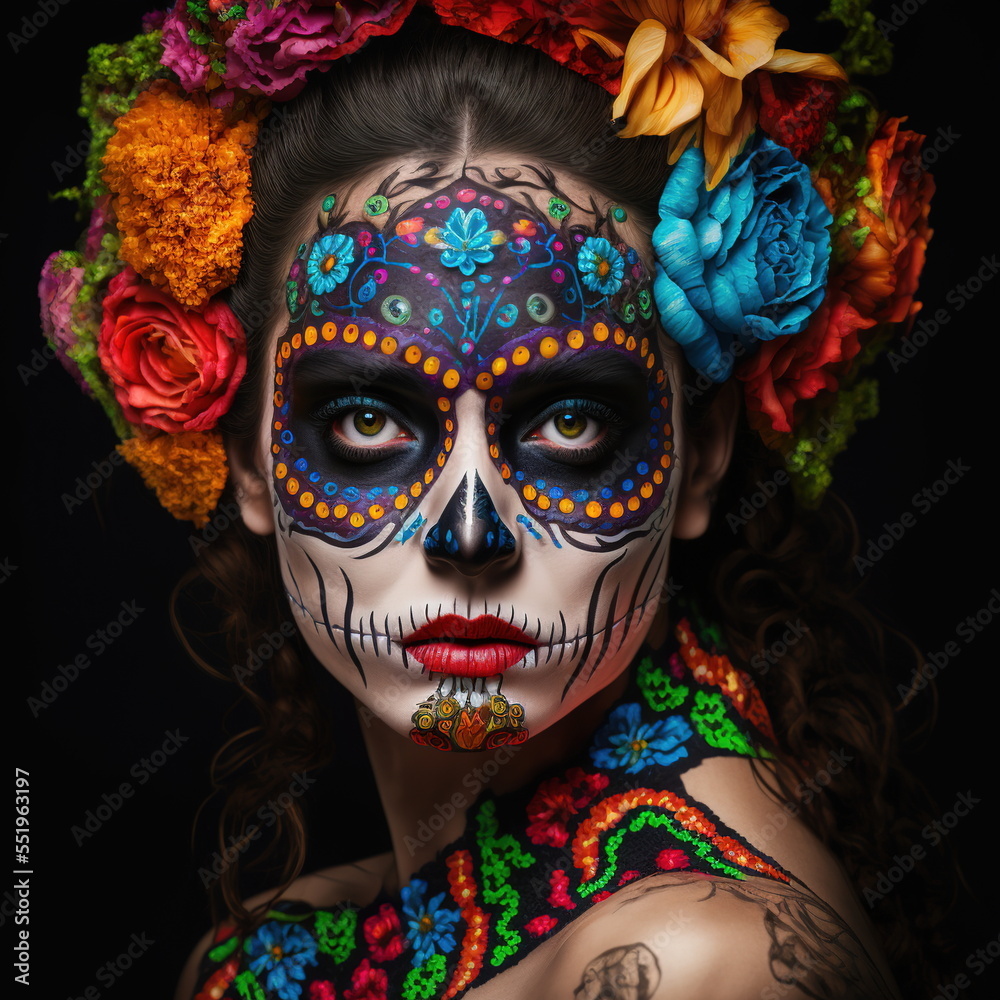Woman makeup with Dia de Muertos Face Painting - AI illustration 03, Dia de Muertos or Dia de los Muertos, Day of the Dead celebration, festival 