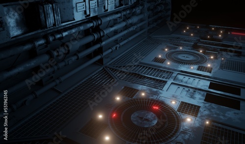 Corridor metal grate with pipe metal blue lighting in control room 3D rendering sci-fi industrial wallpaper backgrounds