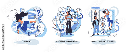 Creative thinking. People with different mental mindset types or model creative. Imaginative logical and structural thinking. MBTI person metaphor. Non standart solution. Brain think people solve idea