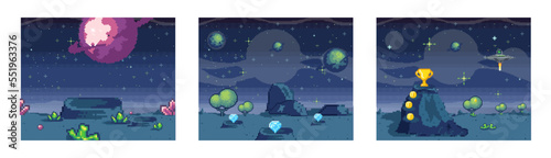 Fototapeta Naklejka Na Ścianę i Meble -  Cosmic scenes set in pixel art. Pixelated location for game or application. Background of space and spaceship. Fantastic landscape with planet, UFO and stars. 8 bit video game. Galactic videogame area