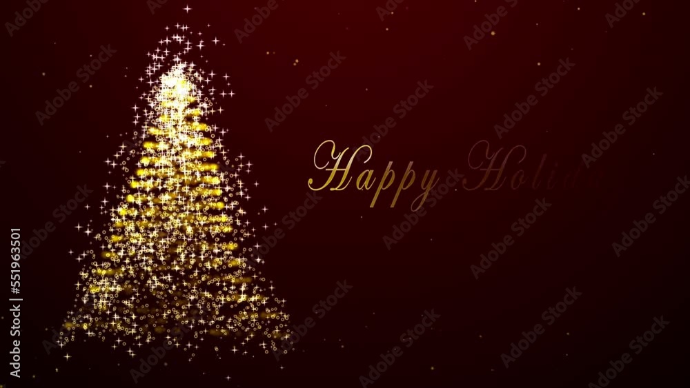 Happy Holidays tree Christmas card with snowfall on red Background