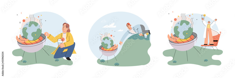 Naklejka premium Climate change weather global greenhouse warming risks metaphor concept. Save planet. Compared planet with renewable eco resources consumption global warmings burning alternative. Environment Day