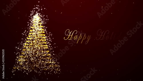 Happy Holidays tree Christmas card with snowfall on red Background