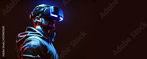 Future digital technology metaverse game and entertainment, Man having fun play VR virtual reality goggle, sports game 3D cyberspace futuristic neon colorful background, Illustration banner background