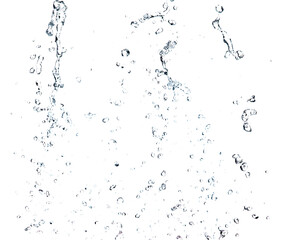 Shape form droplet of Water splashes into drop water line tube attack fluttering in air and stop motion freeze shot. Splash Water for texture graphic resource elements, White background isolated