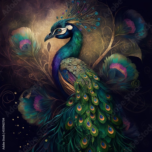 Bohemian background with a peacock, teal and earthy colors, generative art  photo