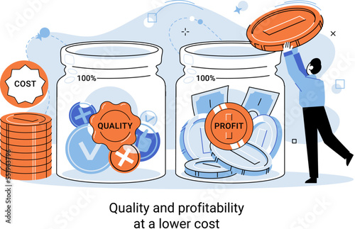 Quality and profitability at lower cost. Businessman manages financial accumulation of funds, investment, developing sales force, coordinating sales operation. Management and optimization of business