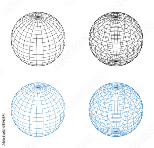 Wireframe Sphere. Geometric Globe Grid 3D Spheres. Earth Latitude And Longitude Line Grid Vector Illustration