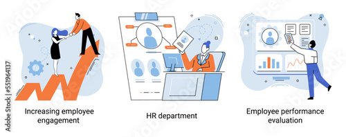HR department work scenes set, qualified employee responsible for formation of human resources in organization. Specialist engaged in selection, adaptation, dismissal, development of personnel