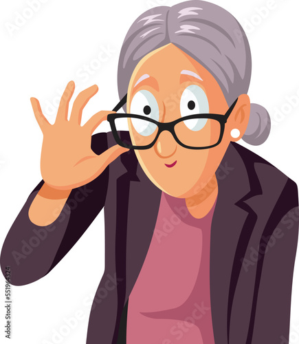 Funny Woman Looking Over her Glasses Vector Cartoon Illustration. Curious grandma snooping and peeking with her eyeglasses
