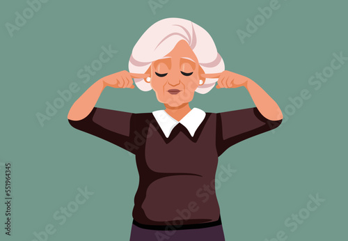 Stressed Senior Woman Covering her Ears Vector Illustration. Unhappy elderly lady being bothered by loud noises 
