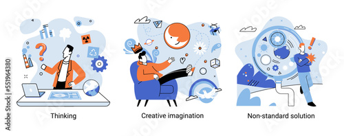 Creative thinking. People with different mental mindset types or model creative. Imaginative logical and structural thinking. MBTI person metaphor. Non standart solution. Brain think people solve idea