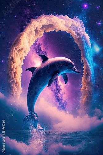 dolphin in the night while jumping out of the ocean with milky way in background, very beautiful