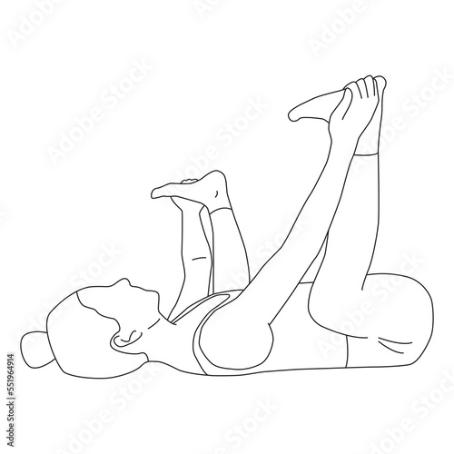 Line art of woman doing yoga in happy baby pose vector.