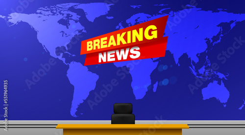 wooden table and breaking news on lcds background in the news studio room	
