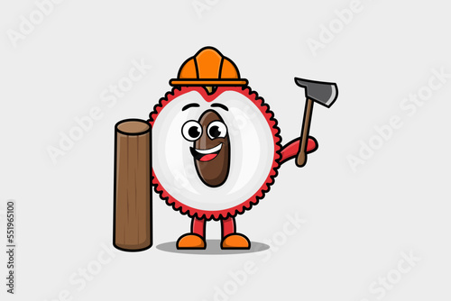 Cute cartoon Lychee as carpenter character with ax and wood in flat modern style