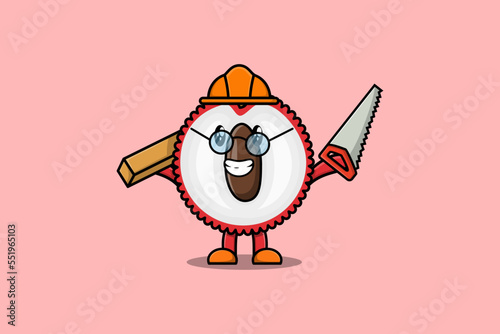 Cute cartoon Lychee as carpenter character with saw and wood in flat modern style design