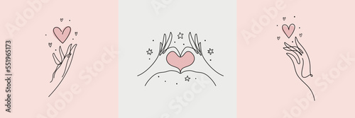 Beauty salon icons set, self love concept. Continuous line art of hand and heart, aesthetic symbol, female tattoo. Vector illustration isolated on white background.
