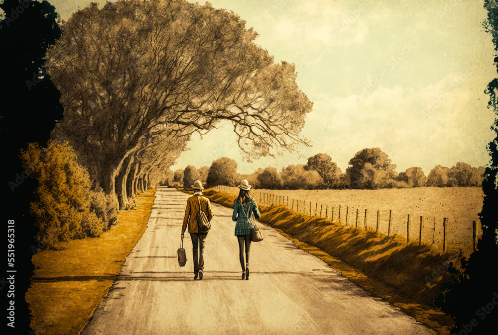 Two people strolling along a country road. Generative AI
