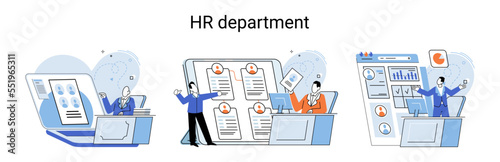 HR department work scenes set, qualified employee responsible for formation of human resources in organization. Specialist engaged in selection, adaptation, dismissal, development of personnel