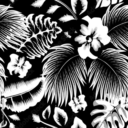 Trending abstract seamless pattern with vintage tropical leaves and flowers plants foliage on dark background. Vector design. Jungle print. Floral background. Printing textile. Exotic tropics. Summer
