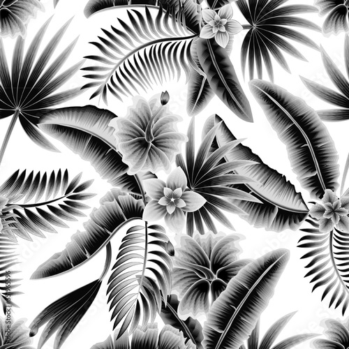 Summer seamless tropical pattern with nature leaves and flowers plants foliage on a white background. Modern abstract design for fabric, paper, interior decor. Summer hawaiian. monochromatic design
