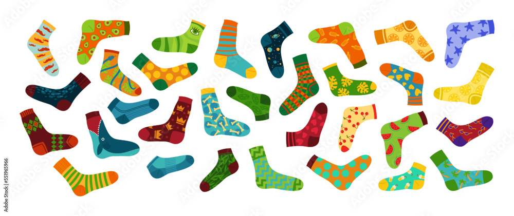Colorful socks for adults and children vector illustrations set. Collection of cartoon drawings of socks with different designs isolated on white background. Fashion, accessory, clothes concept