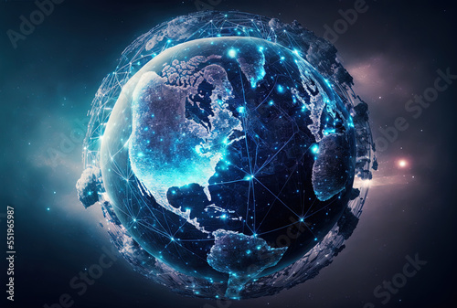 international metaverse Background of a globe map with futuristic technologies and a digital network. Generative AI