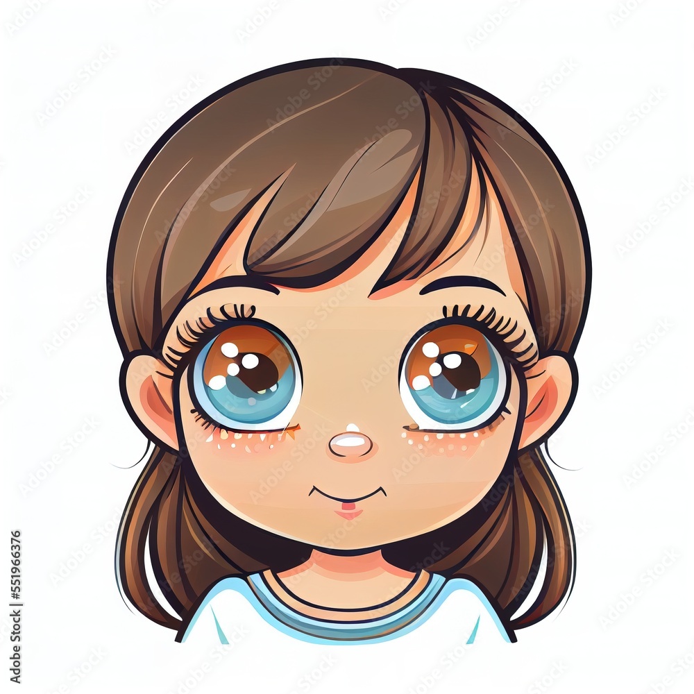 a cartoon girl with big eyes and brown hair with blue eyes and brown ...