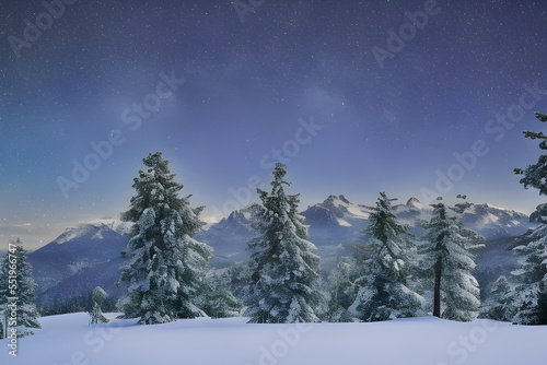 winter landscape of snow covered trees on mountain created with Generative AI