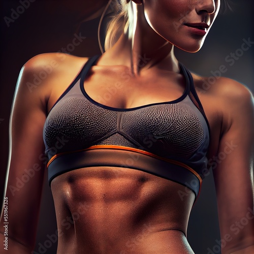 Stunning female torso, fitness woman. Photorealistic ai generated illustration, is not based on any specific real image, character or person