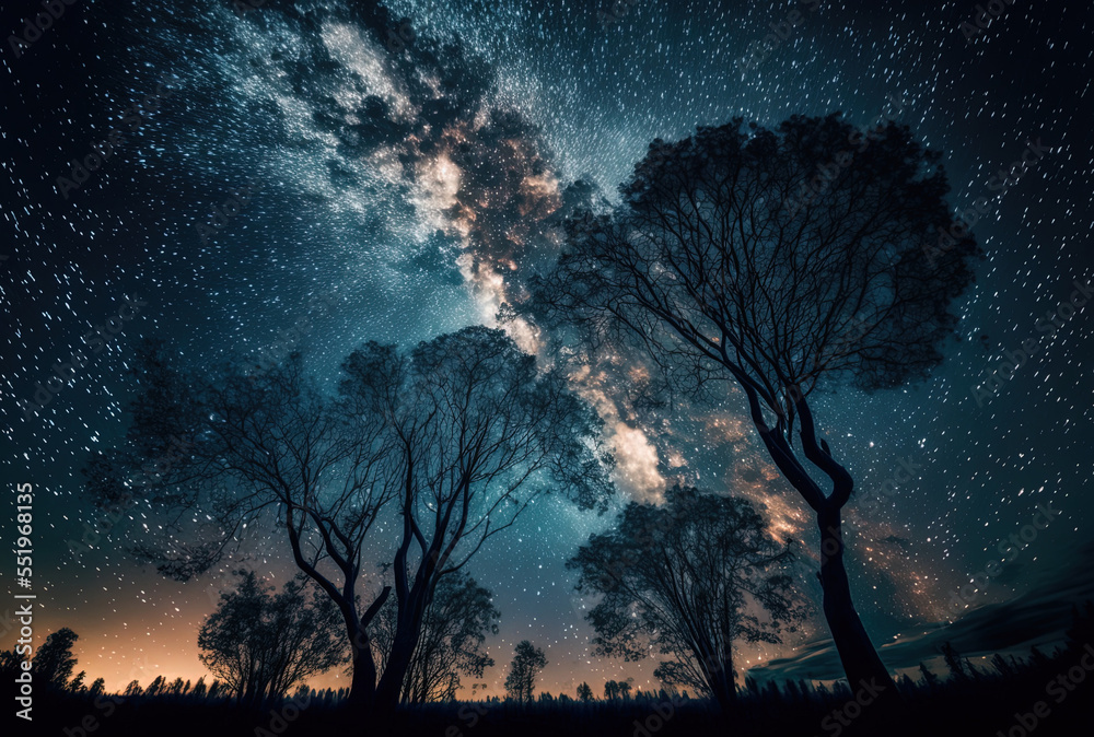 trees against a milky way filled starry sky. Generative AI