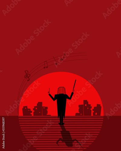 The musician meets the dawn. Vector illustration.