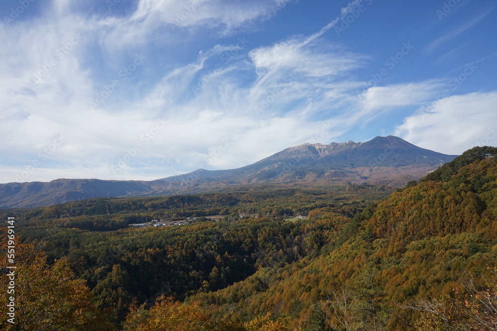 秋の浅間山と紅葉する裾野