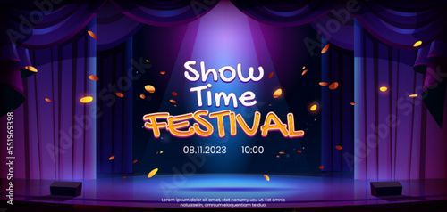 Festival announcement poster with lettering on stage background. Cartoon vector illustration of concert hall with podium for performance illuminated by light beam decorated with curtains and confetti